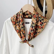 Mulberry Silk Scarf in Orange Green Flower Design 53x53/21”Small Hand-Rolled