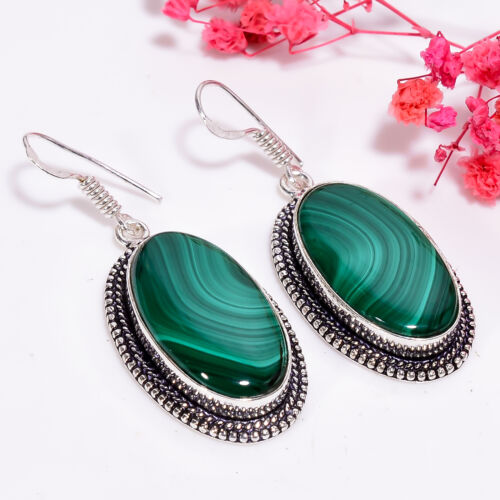 Malachite Vintage Handmade Jewelry 925 Silver Plated Earrings 2" GSR-4359