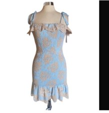 Storia Smocked Mini Dress Women’s M Blue Floral Tie Shoulder Lace Hem NWT