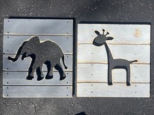 Lot of 2 Gray nursery wall art Wood Animal Giraffe Elephant Baby Nursery Decor