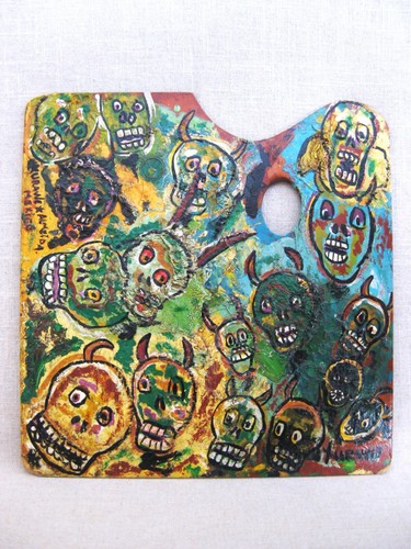 Volkskunst Totenkopf Gruppe Portrait Gemälde, primitive naive Außenseiterin Sayulita Mexiko - Bild 2 von 3