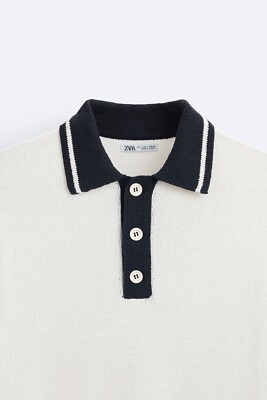 New Zara Contrast Knit Polo M 3003/306 Ecru White sweater