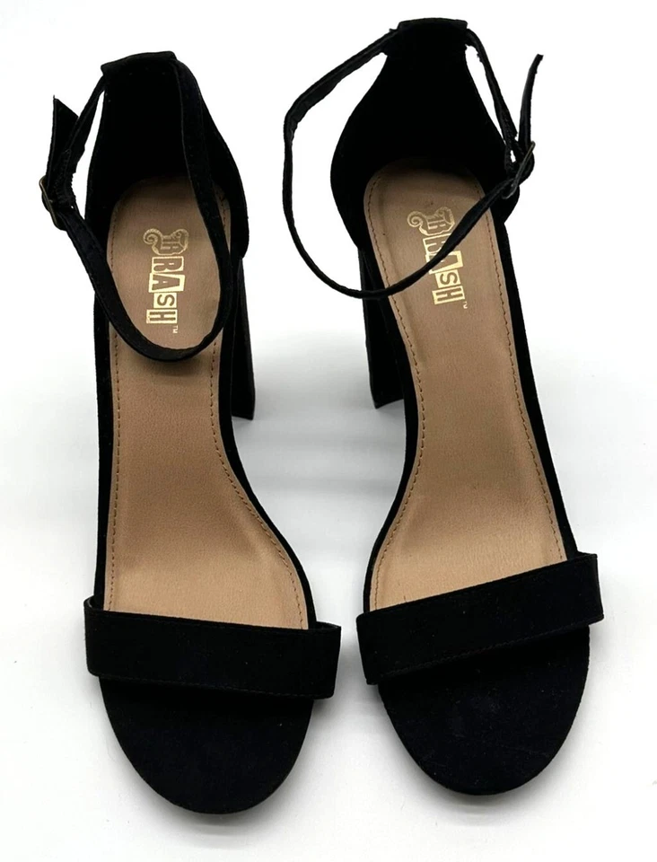 Zapatos Brash 4" Tacón Alto Bloque Negro Imitación Gamuza Punta Abierta Correa al Tobillo Talla 10W Foto 2 de 4