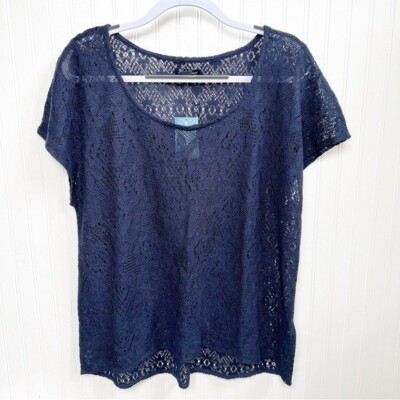 Lucky Brand Navy Blue Crochet Open Knit Short Sleeve Sweater Women s Size XL NEW