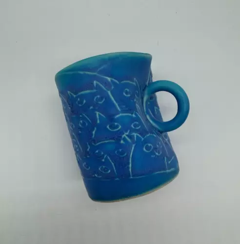 Bright Blue Studio Pottery Cat Lovers Coffee Tea Mug Ring Handle Signed EA