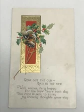 Vintage Postcard New Years Embossed Bells Holly Unposted 