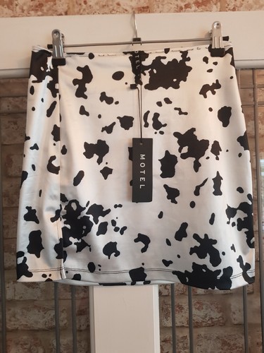 MOTEL SIZE UK 8 DALMATIAN STRETCH MINI SKIRT BLACK WHITE