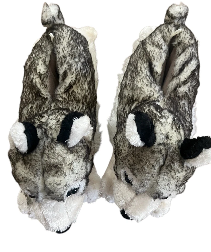 "Juego de pantuflas de felpa realistas Husky Wolf perro piel sintética talla 7-9 para mujer 11""" Foto 2 de 4