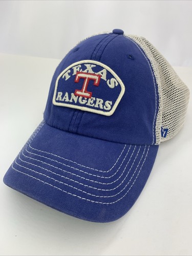 Texas Rangers Hat Blue White Mesh '47 MLB Stretch Fit Cooperstown Baseball Cap
