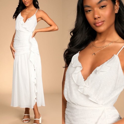 Nuevo Maxi Vestido Lulus Boda Fiesta Blanco Recortado Puntos Volantes Talla Mediana - Imagen 7 de 7
