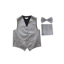 New Men's Tuxedo Vest Vertical Stripes Bowtie Hankie set prom party Gray wedding