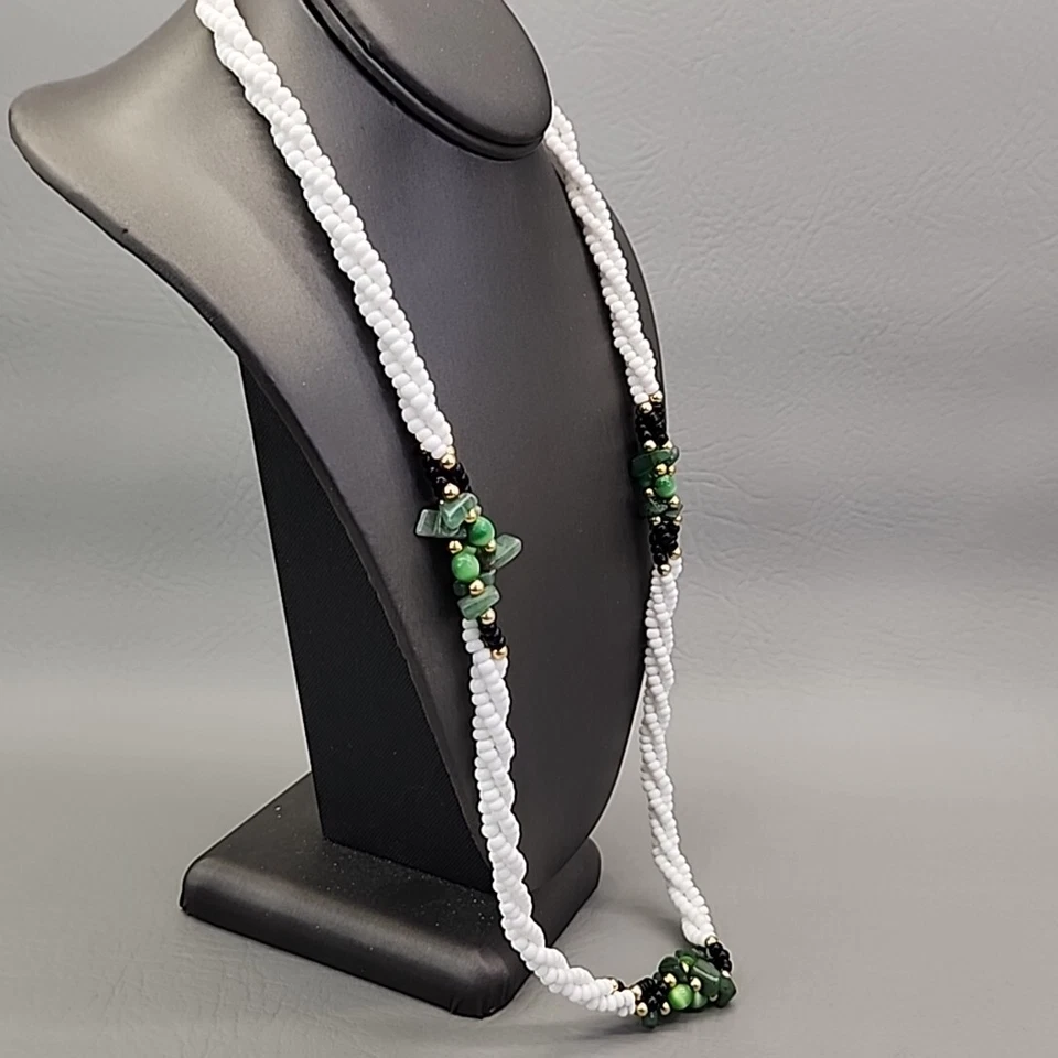 Collar con cuentas de vidrio piedra verde aventurina ojo de gato torcido blanco 28" Foto 3 de 4