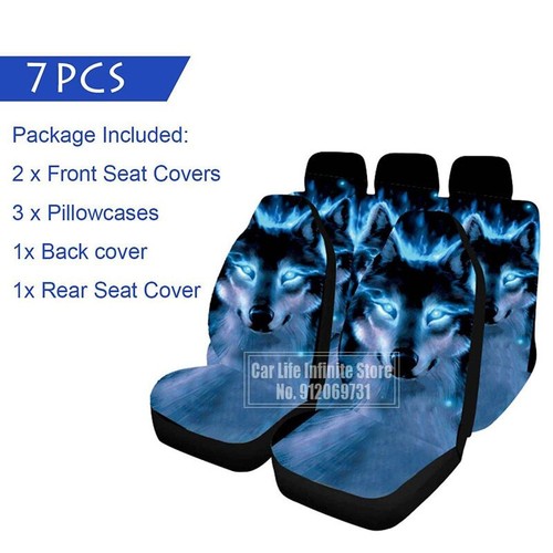 Car Seat Covers Blue Eyes Wolf Pattern Full Set 5 Seat Universal Fit - Picture 10 of 13