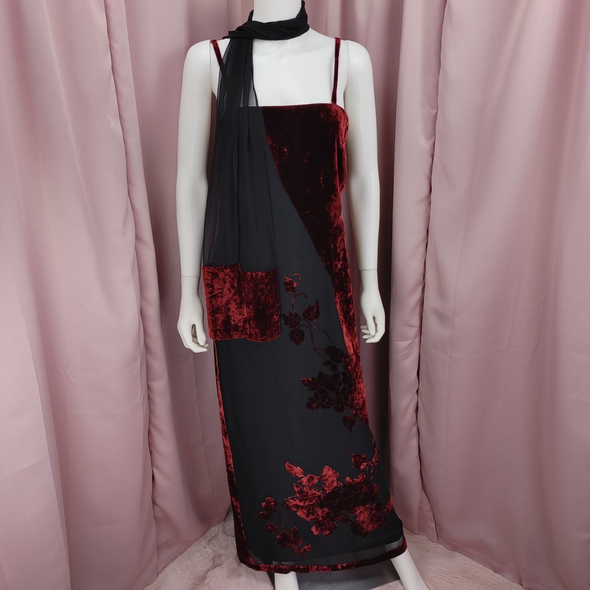 '90s Y2K Joseph Ribkoff Woman's Black Red Velvet Floral Slip Dress W  Scarf