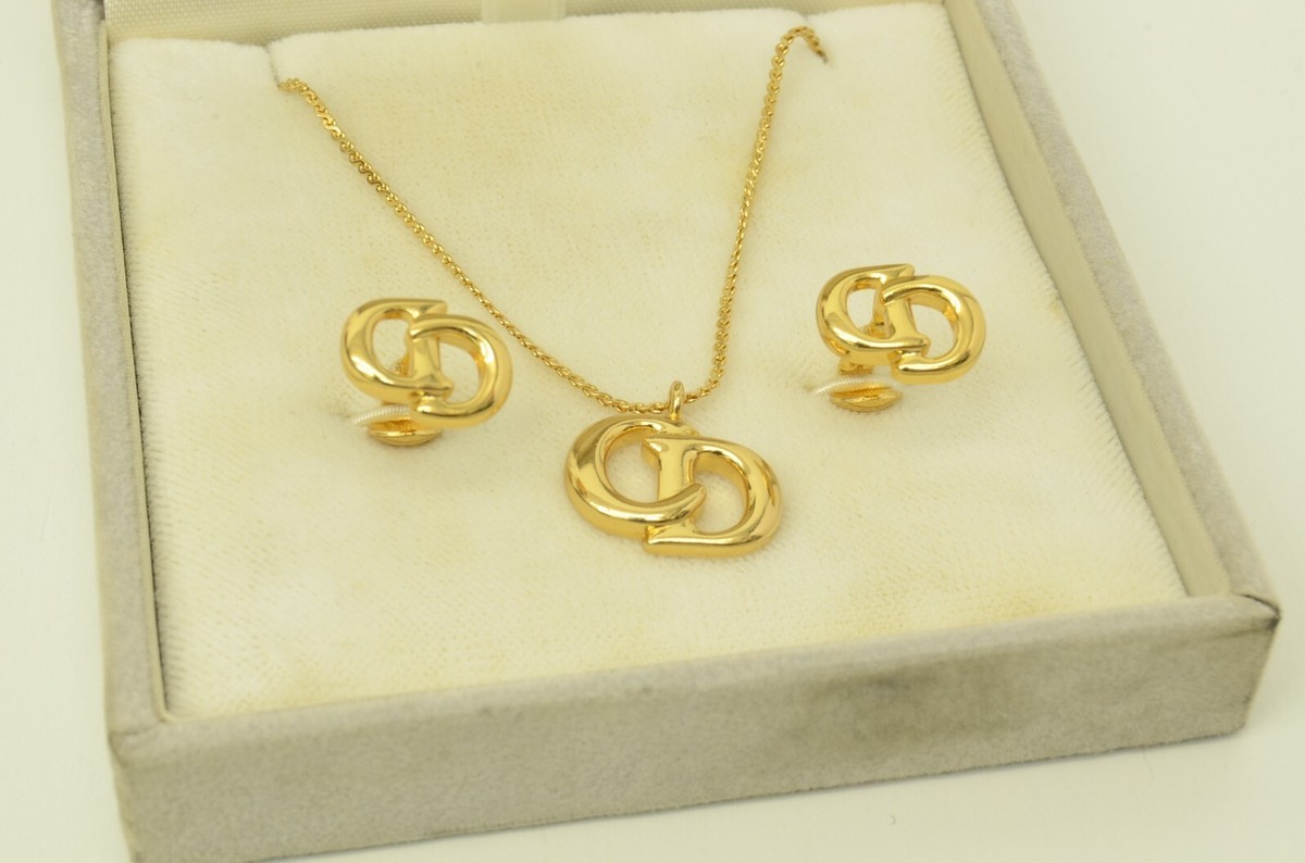 Authentic Christian Dior Earring Necklace CD Logo Emblem GP Authentic Christian Dior Earring Necklace CD Logo Emblem GP