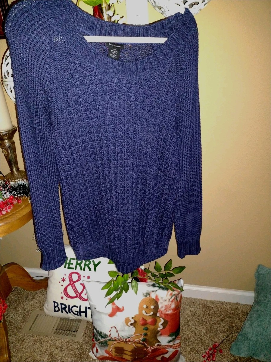 Calvin Klein Jeans Sweater Women Blue Cable Knit Boat Neck Large 