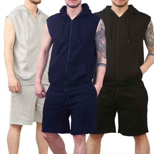 MENS SLEEVELESS HOODIE SHORTS SET MEN TRACKSUIT HOODED WITH SHORT