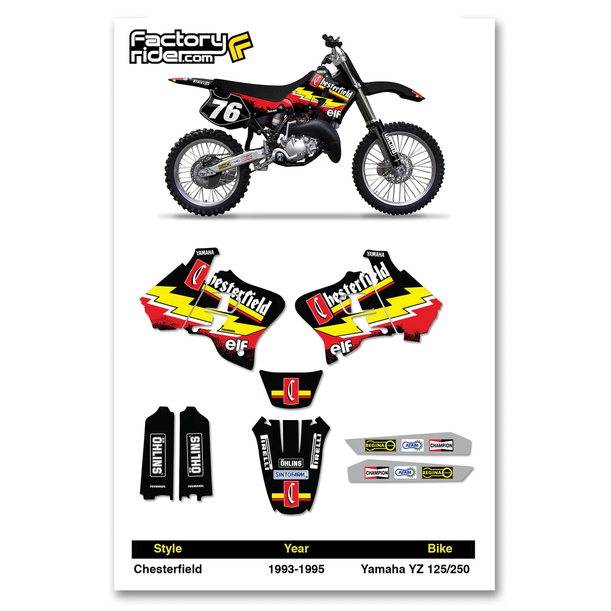 1993 1995 YAMAHA YZ 125 250 Dirt Bike Graphics Kit Motocross Decal CHESTERFIELD