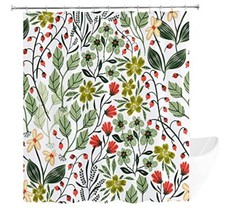 Leaves Shower Curtain Green Trees Red Flower Wildflower Flower Bathroom Showe...