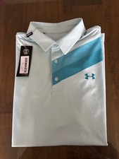 NWT MEN'S UNDER AMROUR THE PLAYOFF POLO, SIZE: L, COLOR: WHITE/LIGHT BLUE M24 