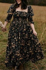DÔEN Black/Beige Floral Smocked Square Neck ...