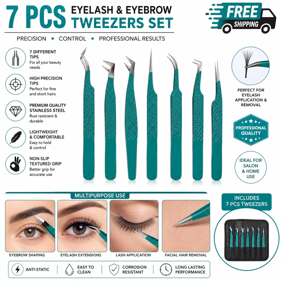 7 Pieces Eyelash Extension Tweezers Set Precision Lash Eyebrow Beauty Tools Kit - Image 1 of 4