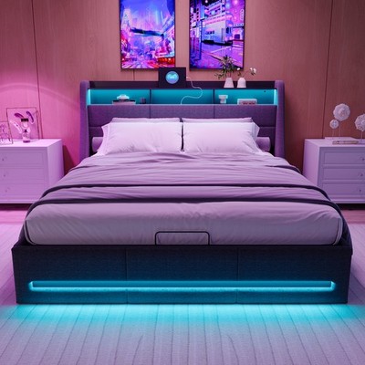 Polsterbett 140x190cm Bettgestell Stauraumbett mit USB LED Lattenrost Doppelbett