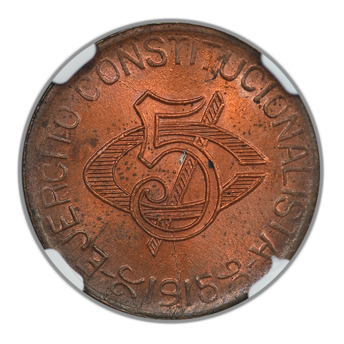 1915 Mexico Chihuahua Copper Liberty Cap 5C Centavos NGC MS64RB - Picture 4 of 5