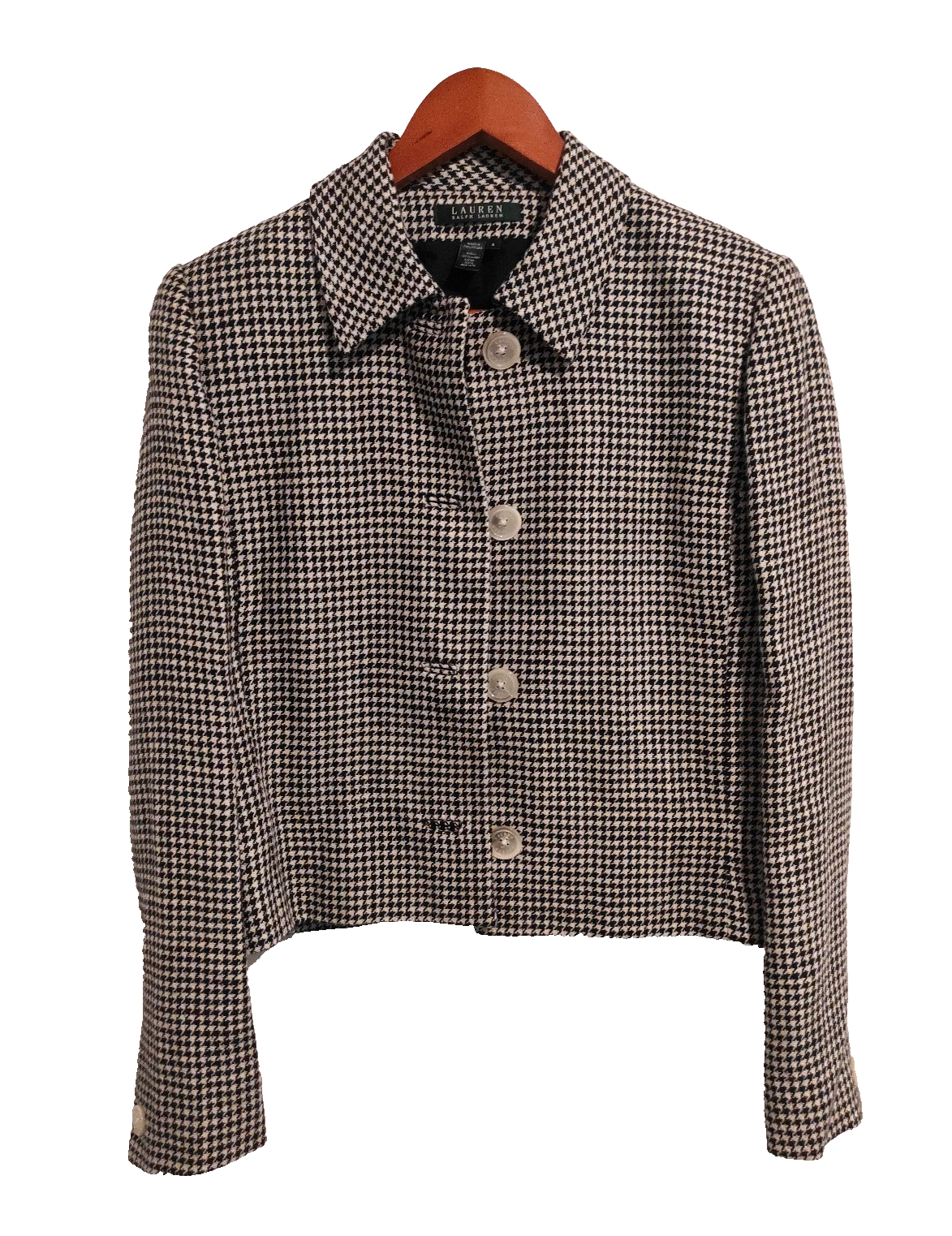 VTG Ralph Lauren Short Jacket Black White Houndstooth 100% Linen Lined Blazer