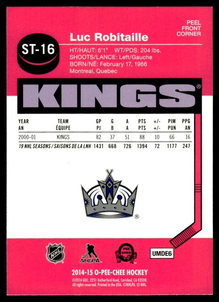 2014-15 O-Pee-Chee Stickers Luc Robitaille Los Angeles Kings #ST-16 - Image 2 of 2