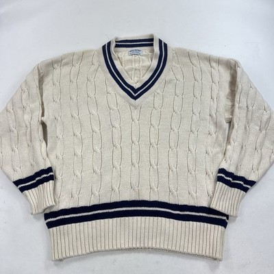 Vintage Brooks Brothers Cotton Cable Knit Tennis Sweater Cricket Size XL Cream