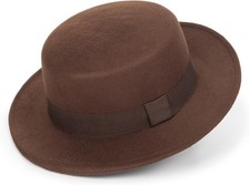 Wide-Brim-Felt-Panama-Fedora-Hat with Flat-Top-Pork-Pie Cap Medium, Coffee