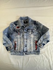 Encrypted Unisex Kids Blue With White Splatter Denim Jean Jacket Size 8 Distress