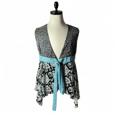 Jonathan Martin Women's Black White Blue Paisley Tie Waist Vest Blouse Size M