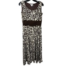 Dressbarn Womens Brown Cream Floral Sleeveless Ruched Empire Waist Midi Dress 10