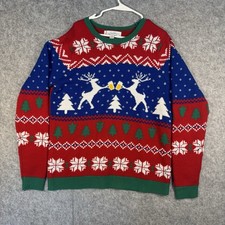 Jolly Sweaters Funny Ugly Christmas Sweater Mens L Reindeer Roasting Beer Mugs