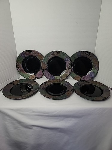 Vintage Set of 6 Arcoroc Tampico Side Plates Black Geometric Glass France