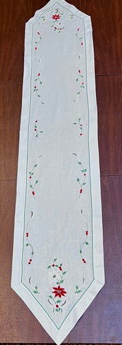 Embroidered White Cotton/Linen Blend Table Runner, Christmas Poinsettias 13x66" - Picture 7 of 7
