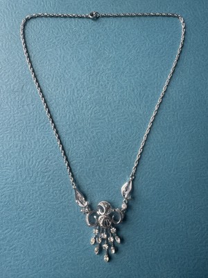 Antique 1890 Victorian AmLee .925 Sterling Silver & CZ Diamonds Necklace Sz 17 