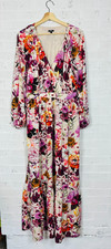 Express Dress Floral Maxi Long Sleeve V-Neck Wrap Style Evening Satin White L