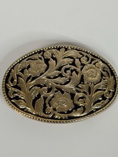 Western Plain Floral Belt Buckle Gold and Black Cowboy Cowgirl Rancher Style VTG