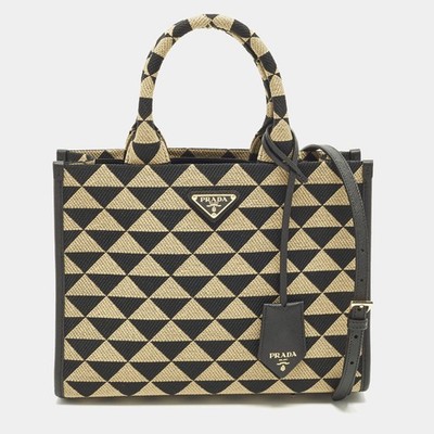Prada Symbole Small Beige Black Embroidered Canvas Tote