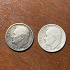 Lot of 2 pre-1965 Roosevelt silver dimes. 90% silver. Circulated condition.