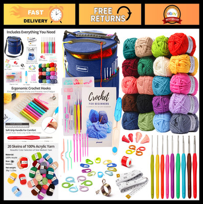 Complete Crochet Kit for Beginners - 20 Yarn Colors, Hooks, Book & Organizer Bag