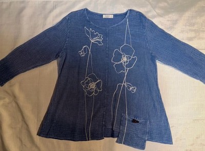 Jess & Jane Sketch Top Dbl Gauze Pocket Art To Wear Lagenlook Blue Large Tunic