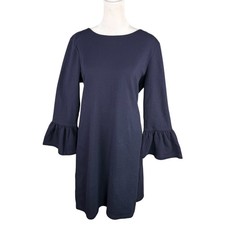 J Crew Factory M Solid Ruffle Sleeve Shift Dress Navy Blue Textured Cotton Blend