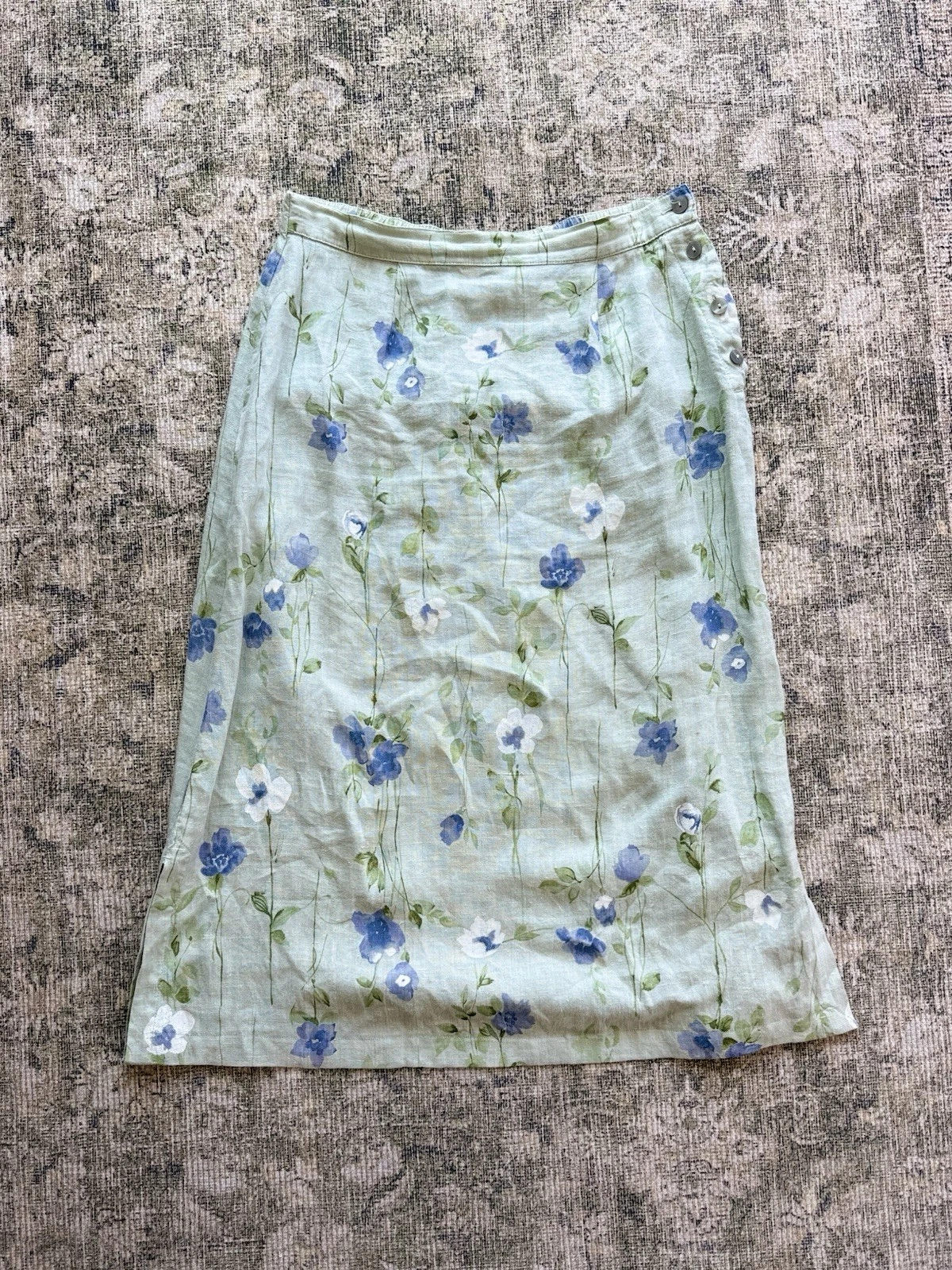 100% Linen Light Blue Floral Maxi/Midi Skirt Flowy Peasant Spring Lightweight