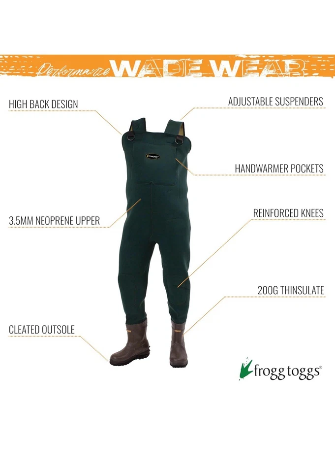 FROGG TOGGS Amphib Neoprene Bootfoot Chest Waders Felt Size 8 Green - Image 4 of 4