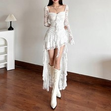Goth Dark Fairycore Lace Flare Sleeve Square Neck A-line Dress Sweet E-girl Irre