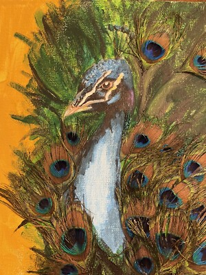 Original Painting Peacock REALISM ART Real Feathers 8x10 BY A. Guillen